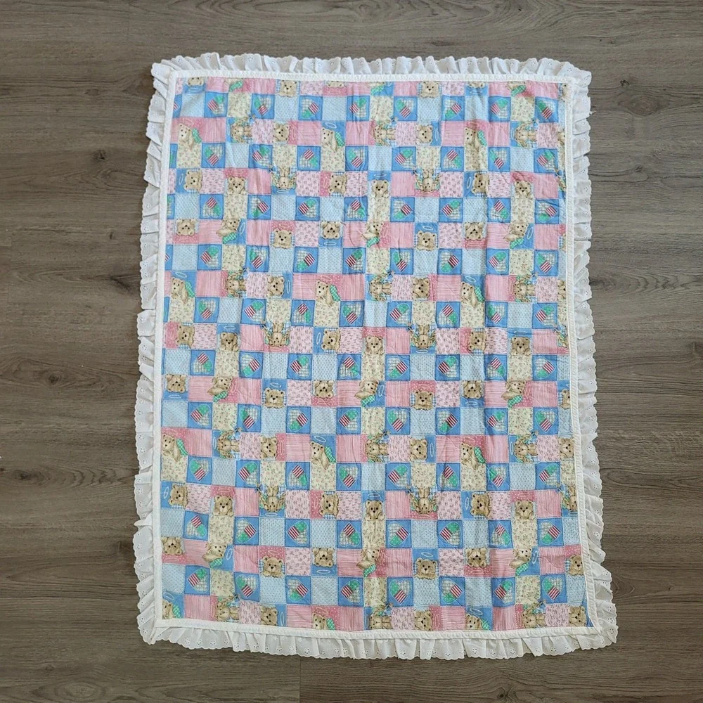 Vintage Guardian Angel Bear‎ Reversible Baby Quilt Pastel Rainbow Eyelet Ruffle